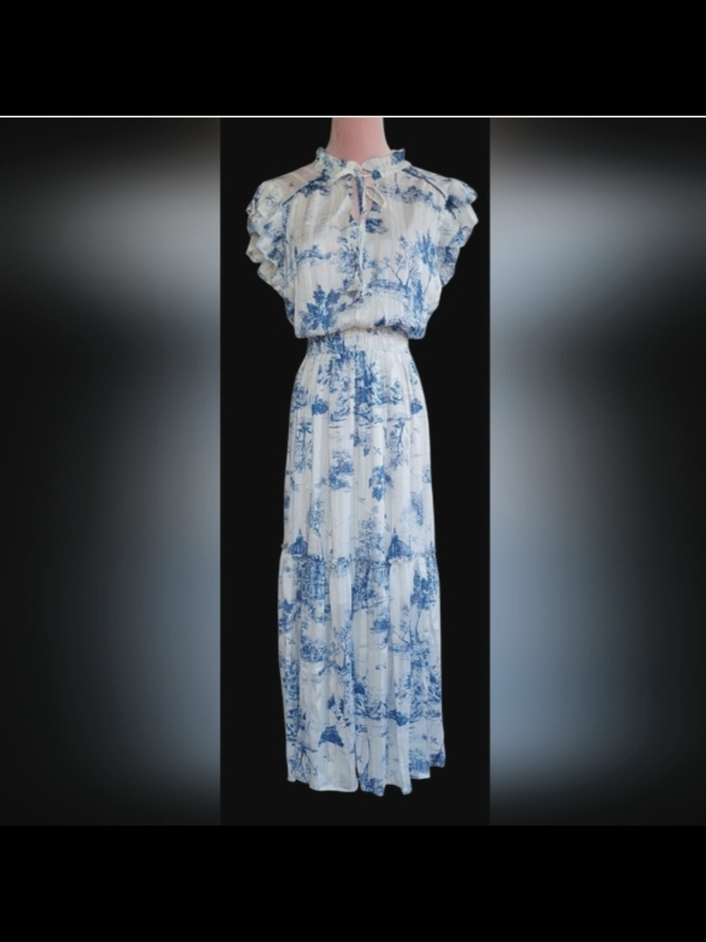 NWT Umgee Blue & White Toile Maxi Dress - Boho Chic Cottagecore